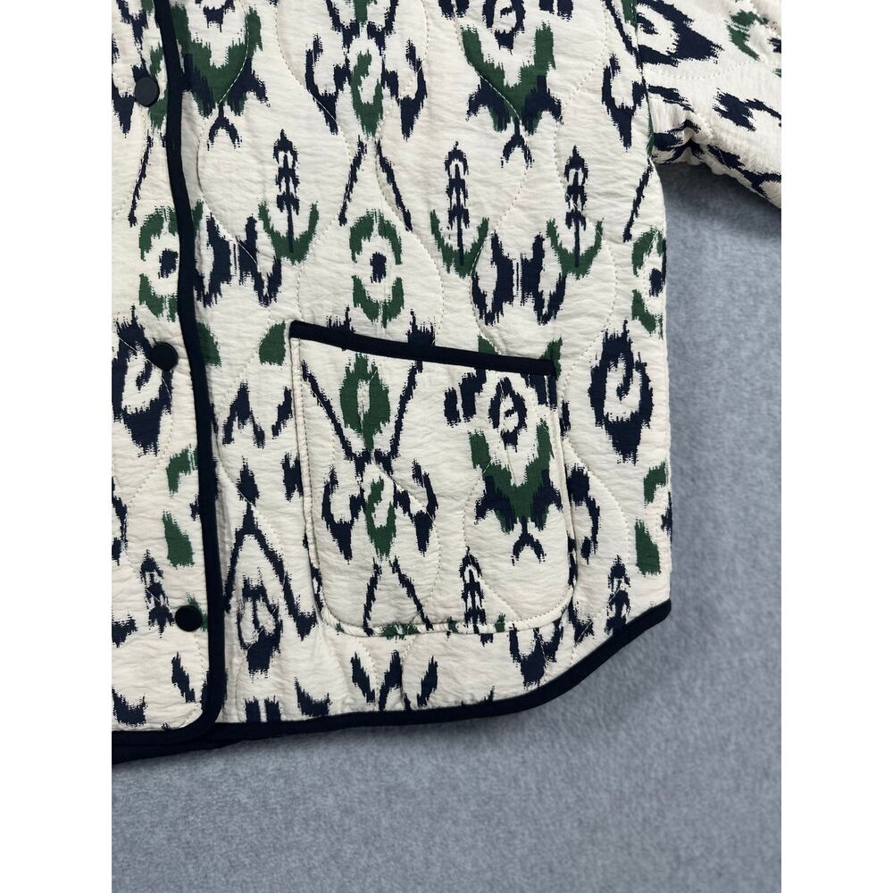 Zara Quilted Bomber Jacket Size Medium Cream Green Navy Multicolor Pattern EUC - Picture 8 of 11